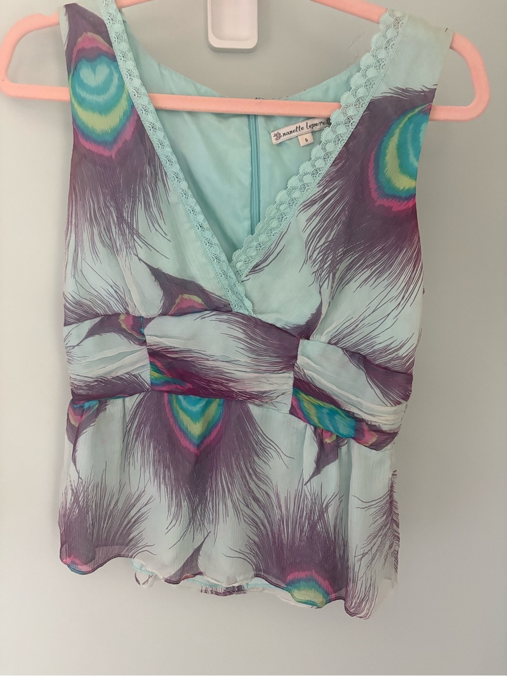 Nanette Lepore Silk Aqua Mint Peacock-Print V-Neck Camisole Tank top, Size 6